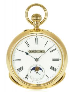 A Rare Digital Triple Calendar Moon Phase 18ct Yellow Gold Keyless Lever Open Face Pocket Watch C1880s